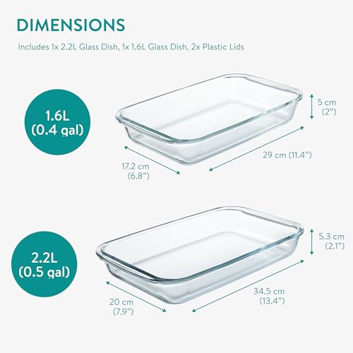Navaris 4-Piece Glass Baking Dish Set with Lids, 1.7qt/2.3qt(1.6L/2.2L) Casserole Dishes, Rectangular Glass Bakeware Set, Baking Pans for Lasagna, Leftovers, Dishwasher, Oven