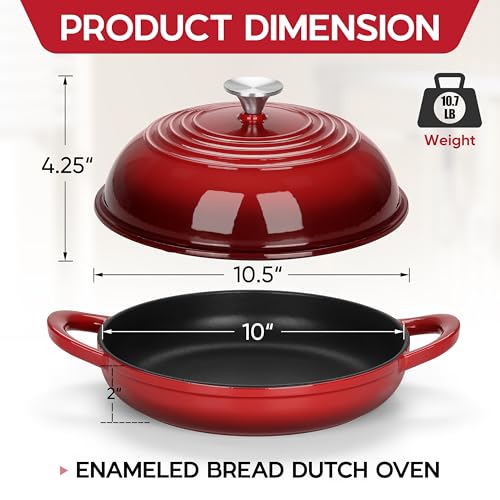 E-far Dutch Oven for Sourdough Bread Baking, 6 Qt Round Enameled Cast Iron Dutch Oven for Homemade Artisan Bread, Dome Lid & Shallow Base, Matte Black Interior & Durable, Oven-Safe to 500℉, Red