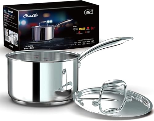 Ciwete 3 Qt Saucepan with Lid - Upgraded Package - 3 Quart 18/10 Stainless Steel Sauce Pan with Mirror Polishing and 2 Sacles, Induction Cookware, Small Pot for Cooking, Dishwasher Safe Oven Safe