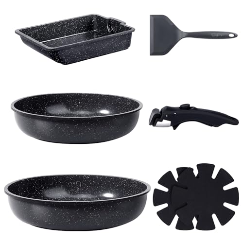 GiPP Ceramic Pots and Pans Set Non Stick, Nonstick Detachable Handle Cookware Sets, Non Toxic Induction Kitchen Pot and Pan with Removable Handle, Healthy RV Cookware, Dishwasher ＆Oven Safe, 7 Piece