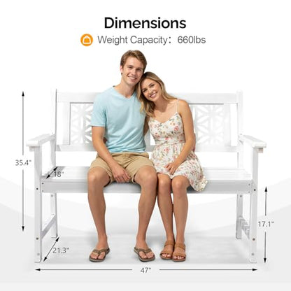 VINGLI 47" Outdoor Wood Bench, All Weather Outdoor Wooden Patio Garden Bench, Outside Loveseat 660lbs Capacity for Front Porch Park Entryway (White)