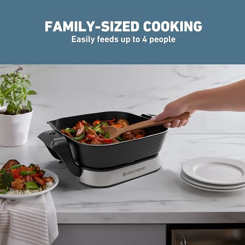 West Bend 11”x11” Electric Skillet with Diamond Shield Ceramic Nonstick, Removable Foldable Base, Tempered Glass Lid with Vent, Adjustable Thermostat, Cool Touch Handles, 4.2-Qt, Black/Stainless Steel