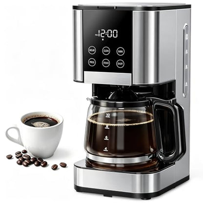 10 Cup Programmable Drip Coffee Maker, Adjustable Brew Strength, Pause & Serve, Heat Resistant Glass Carafe, Permanent Filter, Auto Shut Off, Stainless Steel, Compact Coffee Machine for Home Office