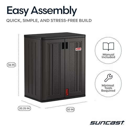 Suncast Heavy-Duty Resin Outdoor Storage Cabinet, 30" W x 20.25" D x 36" H Dark Grey Base Garage Storage Cabinet with Lockable Doors and Metal Reinforced Shelves, Made in The USA