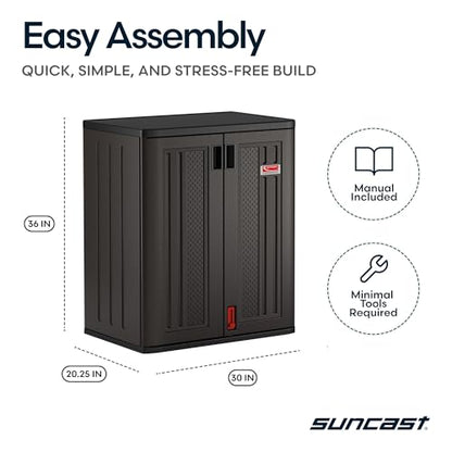 Suncast Heavy-Duty Resin Outdoor Storage Cabinet, 30" W x 20.25" D x 36" H Dark Grey Base Garage Storage Cabinet with Lockable Doors and Metal Reinforced Shelves, Made in The USA