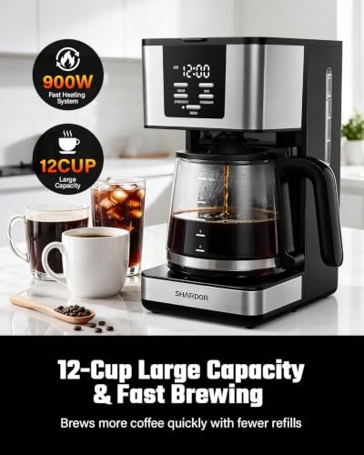 SHARDOR 12-Cup Programmable Coffee Maker, Regular & Bold, LED Display