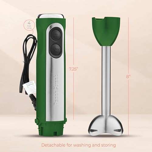 Powerful Immersion Blender, Electric Hand Blender 500 Watt with Turbo Mode, Detachable Base. Handheld Kitchen Blender Stick for Soup, Smoothie, Puree, Baby Food, 304 Stainless Steel Blades (Green)