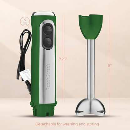 Powerful Immersion Blender, Electric Hand Blender 500 Watt with Turbo Mode, Detachable Base. Handheld Kitchen Blender Stick for Soup, Smoothie, Puree, Baby Food, 304 Stainless Steel Blades (Green)
