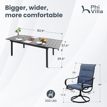 PHI VILLA Outdoor Dining Set for 8, Expandable Table & Blue Swivel Chairs