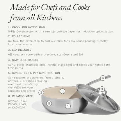 Made In Cookware | 3 QT Ceramic Non Stick Saucier with Lid | 5-Ply Stainless Clad with Stay-Cool Handle | Professional Cookware | Crafted in Italy | Induction Compatible