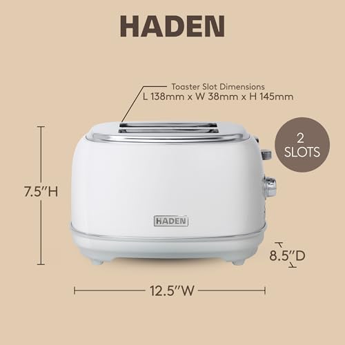 Haden Heritage 2-Slice Wide-Slot Toaster, Stainless-Steel Bread Toaster with Adjustable Browning Control, Non-Slip Feet & Crumb Tray, Ivory & Chrome