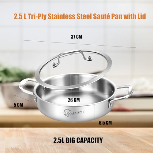 LOLYKITCH 3 Quarts Tri-Ply Stainless Steel Sauté Pan wih Lid,10 Inch Induction Cooking Pot,Dishwasher and Oven Safe,Dia.26 CM