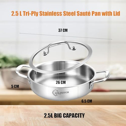LOLYKITCH 3 Quarts Tri-Ply Stainless Steel Sauté Pan wih Lid,10 Inch Induction Cooking Pot,Dishwasher and Oven Safe,Dia.26 CM