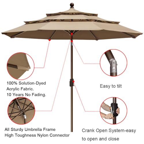 EliteShade USA 10-Year-Non-Fading 9ft 3-Tier Market Patio Umbrella, Commercial Grade Outdoor Table Umbrella with Crank Open, Windproof & UPF 50+ UV Protection, Heavy Duty Ventilation for Garden, Deck, Pool, Backyard, Beach & Bistro, Heather Beige