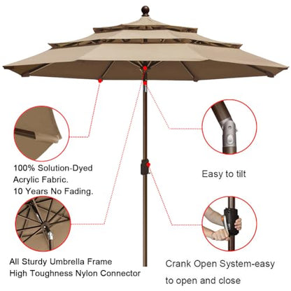 EliteShade USA 10-Year-Non-Fading 9ft 3-Tier Market Patio Umbrella, Commercial Grade Outdoor Table Umbrella with Crank Open, Windproof & UPF 50+ UV Protection, Heavy Duty Ventilation for Garden, Deck, Pool, Backyard, Beach & Bistro, Heather Beige