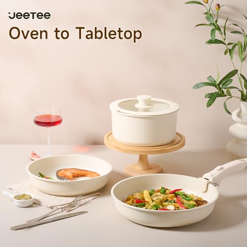 JEETEE Pots and Pans Set Non Stick 19pcs, Kitchen Cookware Sets with Detachable Handle, Induction Nonstick Cookware Set with Removable Handle, Stackable RV Cookware, Oven Safe, PFAS/PFOA Free, Beige