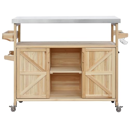 FUvellamo 50.25'' Rolling Outdoor Kitchen Island with Stainless Steel Top and Storage Cabinet, Farmhouse Outdoor Grill Table with Towel Rack for Kitchen BBQ, Natural
