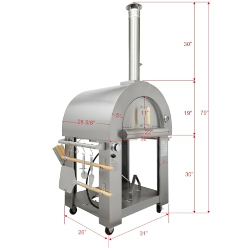 32.5" Dual Fuel Pizza Oven - Wood Fired or Propane Gas Fueled, Large Outdoor Oven with 4 Casters, 8 pcs Pizza Stones for BBQ, Grilling, 430 Stainless Steel Pizza Oven for Backyard, Camping and Party
