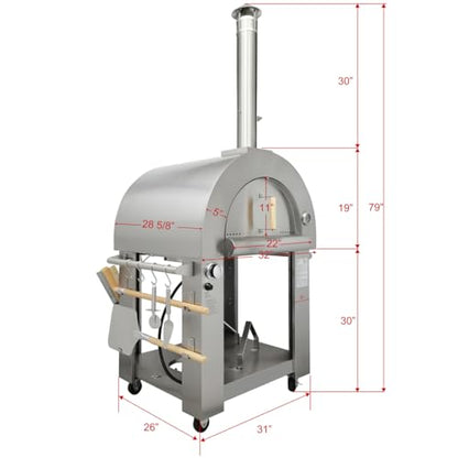 32.5" Dual Fuel Pizza Oven - Wood Fired or Propane Gas Fueled, Large Outdoor Oven with 4 Casters, 8 pcs Pizza Stones for BBQ, Grilling, 430 Stainless Steel Pizza Oven for Backyard, Camping and Party