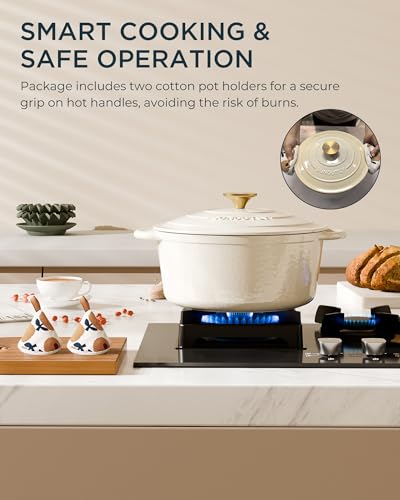 Enameled Cast Iron Dutch Oven - 6QT Pot with Lid & Cotton Potholders - Heavy-Duty Cookware for Braising, Stews, Roasting, Bread Baking, Oven Safe up to 500° F & Across All Cooktops, Cream White