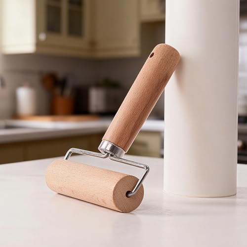 Wooden Dough Roller Large Single Wheel Handheld Rolling Pin for Pastry Pizza Baking Handmade Beechwood Kitchen Tool(6.49 x 4.72Inch)