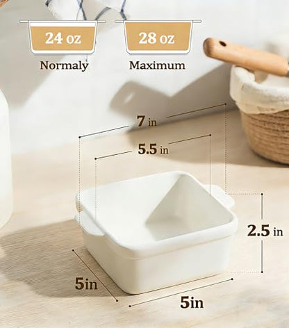 5x5 Small Baking Dish for Oven, 28 Oz Individual Ceramic Casserole Dish with Handles, Mini Baking Dish for Lasagna, Brownies, Desserts & Reheating, Oven Microwave Dishwasher Safe, Set of 2