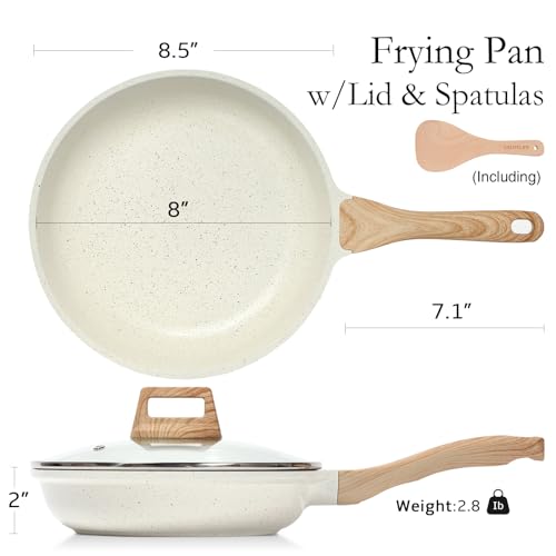 ESLITE LIFE Nonstick Ceramic Frying Pan Skillet with Lid, Non-Toxic Egg Omelette Kitchen Cooking Pans Compatible with All Stovetops (Gas, Electric & Induction), PTFE & PFOA Free (White, 8" w/Lid)