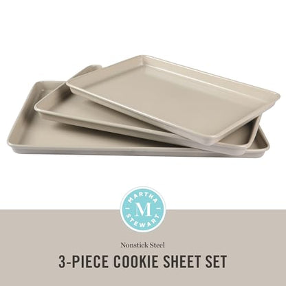 Martha Stewart Gallen 3-Piece Cookie Sheet Set – 13", 15", 17" Baking Pans, Ceramic Nonstick, PFA-Free, Carbon Steel – Oven Safe to 450°F, Warp-Resistant, Easy to Clean - Taupe