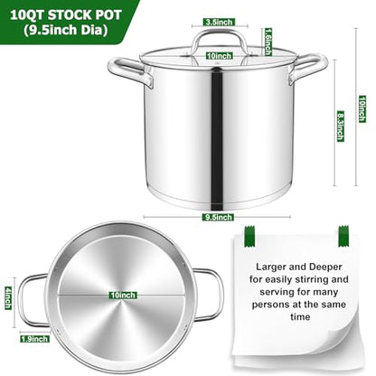 TeamFar 10QT Stock Pot, Stainless Steel Large Soup Cooking Pot & Lid with Tri-ply Bottom for Cooking/Boiling/Stewing, for Induction/Gas/Ceramic, Healthy & Heavy-Duty, Riveted Handles & Dishwasher Safe