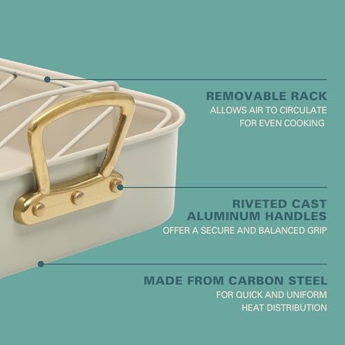 Gibson Home Broxton 2-Piece Nonstick Roaster Pan with Rack – 16 x 12 Inch Mint Green Turkey Roasting Pan with Cast Aluminum Gold Handles – Oven-Safe, Easy-Clean, Holiday Cookware
