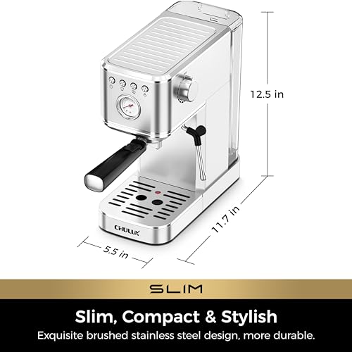 CHULUX Slim Espresso Machine with Milk Frother, 20 Bar Professional Italian Pump Espresso Coffee Machine for Home Cappuccino & Latte Maker, Stainless Steel, Silver