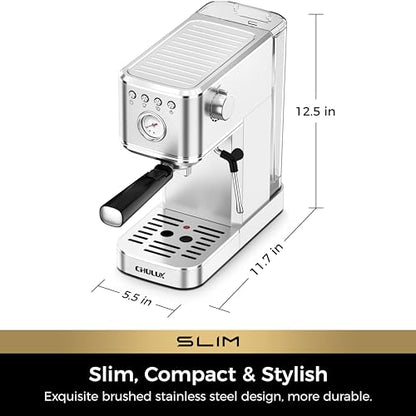 CHULUX Slim Espresso Machine with Milk Frother, 20 Bar Professional Italian Pump Espresso Coffee Machine for Home Cappuccino & Latte Maker, Stainless Steel, Silver