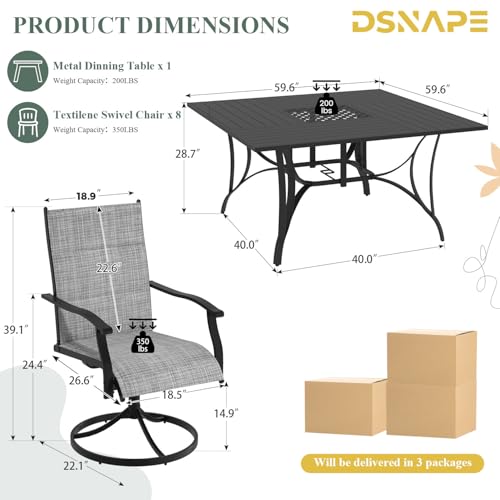 DSNAPE 9 Pieces Patio Table and Chairs Set, 59.6" Square Dining Table with Umbrella Hole, 8 High Back Textilene Swivel Chairs,Dining Table Set for 8,Outdoor Furniture for Porch Deck Yard Balcony, Grey