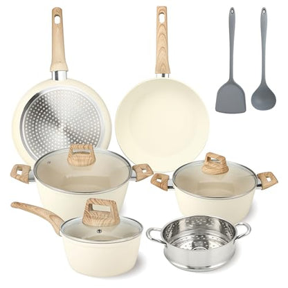 FAB&DELUXE 11Pcs Nonstick Cookware Set, Aluminum Nonstick Pots and Pans with Lids & Wooden Handles, Silicone Spoons & Spatulas, Non-toxic Healthy Kitchen Cooking Sets, PFAS & PFOA Free