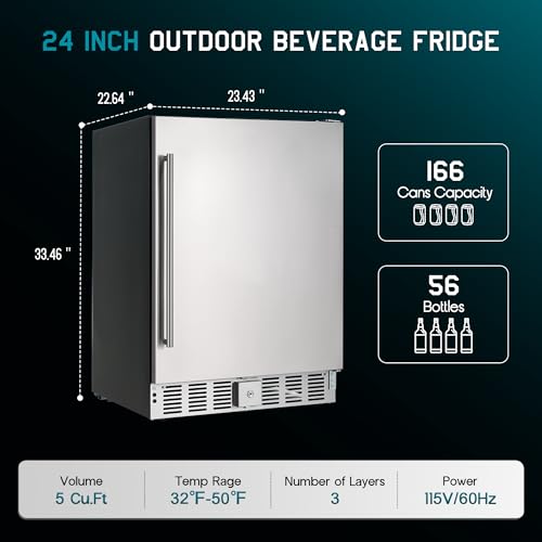 Albott 24 Inch Outdoor Beverage Fridge, 5.0 Cu.Ft Beverage Refrigerator Holds 166 Cans, 32-50°F Drink Cooler with IPX4 Waterproof Design, Auto-Defrost, Build-In or Freestanding for Patio & Backyard