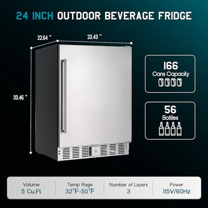 Albott 24 Inch Outdoor Beverage Fridge, 5.0 Cu.Ft Beverage Refrigerator Holds 166 Cans, 32-50°F Drink Cooler with IPX4 Waterproof Design, Auto-Defrost, Build-In or Freestanding for Patio & Backyard
