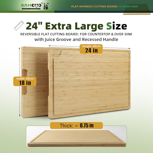 BAMOTTO CRAFTBAMBOO XXL Extra Large 100% Organic Bamboo Cutting Board 24"x18" - Butcher Block Chopping/Carving Board with Handle & Juice Groove for Turkey, Meat, Vegetables, BBQ