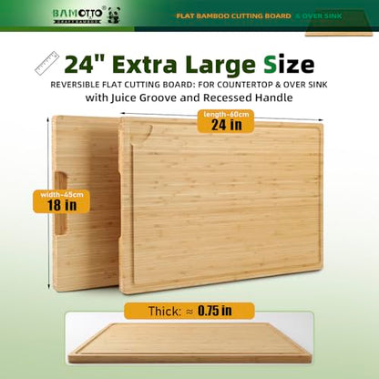 BAMOTTO CRAFTBAMBOO XXL Extra Large 100% Organic Bamboo Cutting Board 24"x18" - Butcher Block Chopping/Carving Board with Handle & Juice Groove for Turkey, Meat, Vegetables, BBQ