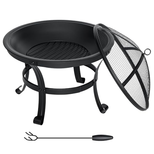 SINGLYFIRE 22 inch Fire Pit for Outside Outdoor Wood Burning Small Bonfire Pit Steel Firepit Bowl for Patio Camping Backyard Deck Picnic Porch,with Spark Screen,Log Grate,Poker