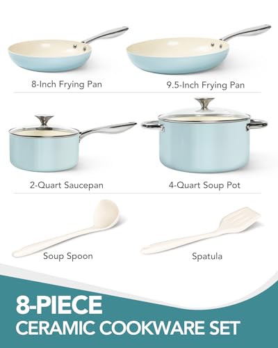 MICHELANGELO Pots and Pans Set Non Stick, 8-Piece Ti-infused Ceramic Cookware Set with Silicone Utensils - Induction Compatible, Oven Safe, PFOA-Free, Blue