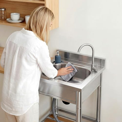 Free Standing Stainless-Steel Single Bowl Commercial Restaurant Kitchen Sink Set w/Faucet, Prep & Utility Washing Hand Basin w/Storage Shelve, laundry tub for Indoor Outdoor (22in)