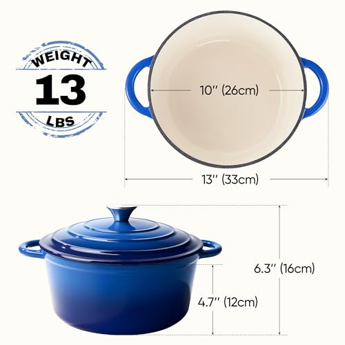 6 Quart Dutch Oven Pot with Lid, Non Stick Enameled Cast Iron Dutch Oven for Bread Baking, Heavy-Duty, Oven Safe Ceramic Cookware Up to 500°F for Baking, Braising, Stews, Roasting, Blue