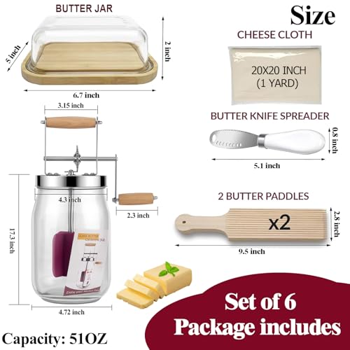 Retro Manual Butter Churn Kit - Wooden Hand-Crank Butter Maker with Glass Jar, Perfect for Fresh Cream, Keto Butter & Sustainable Homesteading (Farmhouse Must-Have) (51 OZ)