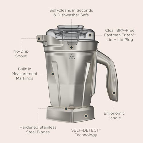 Vitamix 48-Ounce Stainless-Steel Blender Container with SELF-DETECT, Dishwasher-Safe, BPA-Free Clear Lid, Laser-Cut Stainless-Steel Blades, Compatible with All Full-Size Vitamix Blenders