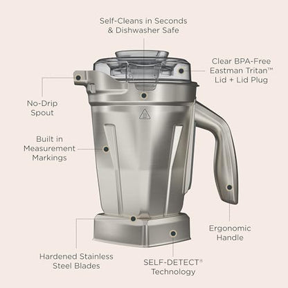 Vitamix 48-Ounce Stainless-Steel Blender Container with SELF-DETECT, Dishwasher-Safe, BPA-Free Clear Lid, Laser-Cut Stainless-Steel Blades, Compatible with All Full-Size Vitamix Blenders