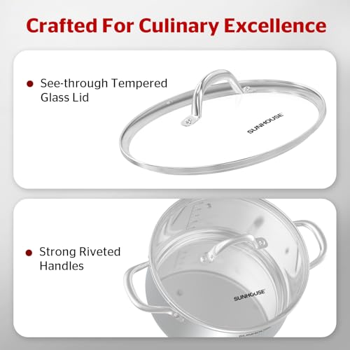 Sunhouse Stock Pot with Lid - 16 QT Large Pot for Cooking Pasta, Soup, Spaghetti - Impact Bonding Base Big Stainless Steel Pots for Canning, Boiling - Oven Safe & Induction Compatible Cookware
