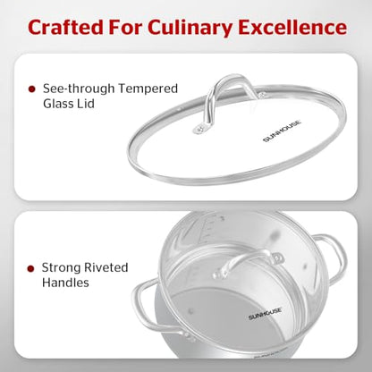 Sunhouse Stock Pot with Lid - 16 QT Large Pot for Cooking Pasta, Soup, Spaghetti - Impact Bonding Base Big Stainless Steel Pots for Canning, Boiling - Oven Safe & Induction Compatible Cookware