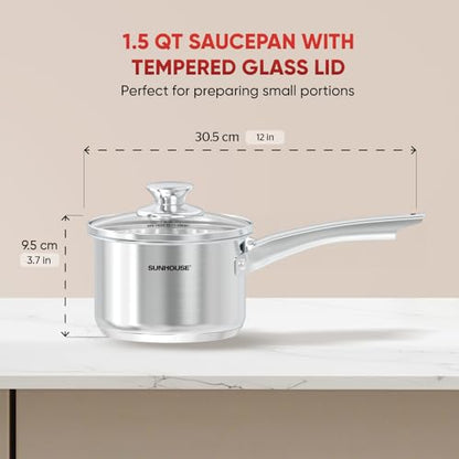 Sunhouse 1.5 QT Stainless Steel Sauce Pan with Lid, Small Pot for Cooking, PFOA-Free, Advanced Impact Bonding Induction Base Mini Saucepan, Compatible with Induction, Ceramic, Gas