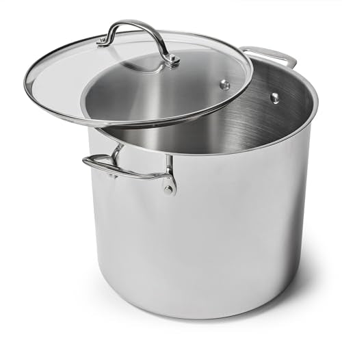 Sur La Table 16-Quart Stainless Steel Stockpot – Large Capacity Soup & Stew Pot with High Sides and Wide Base, Impact-Bonded Warp-Resistant Base, Riveted Handles, Oven & Induction, Rolled Rim for