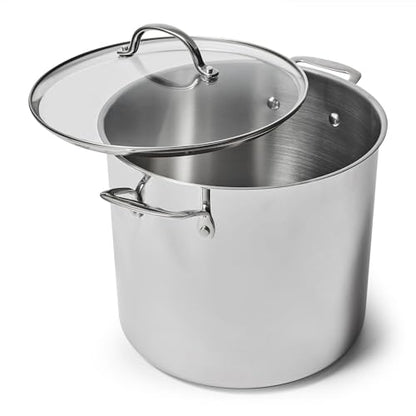 Sur La Table 16-Quart Stainless Steel Stockpot – Large Capacity Soup & Stew Pot with High Sides and Wide Base, Impact-Bonded Warp-Resistant Base, Riveted Handles, Oven & Induction, Rolled Rim for